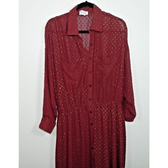 Unique Vintage Dress Size 3X/20 Burgundy Gold Clip Dot Blanche Maxi Shirt Belted - Picture 6 of 10